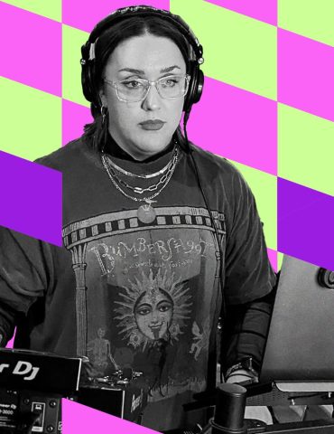 Harmony Soleil behind the decks with serious expression