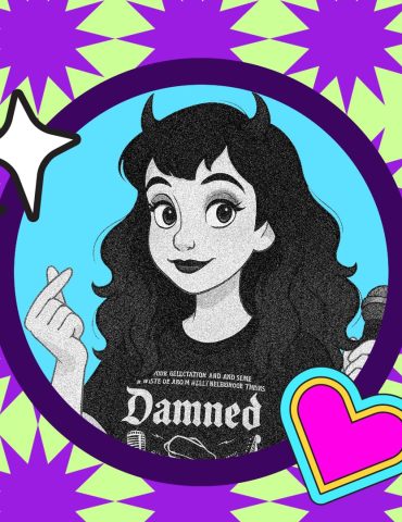 Illustration of Niko whearing a shift that says "Damned" and making a heart with fingers