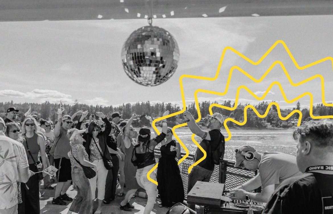A group of people dancing on a boat with a DJ playing music. A disco ball hangs overhead, and wavy yellow lines are drawn over the image, adding a dynamic effect. The background shows a body of water and trees.