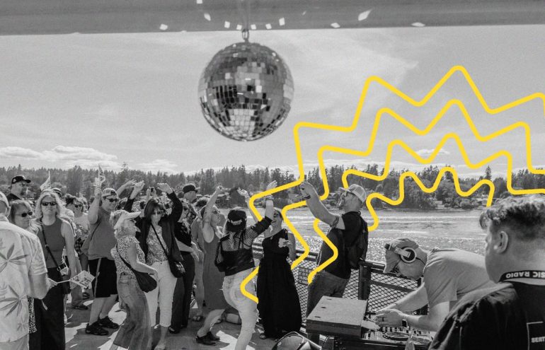 A group of people dancing on a boat with a DJ playing music. A disco ball hangs overhead, and wavy yellow lines are drawn over the image, adding a dynamic effect. The background shows a body of water and trees.