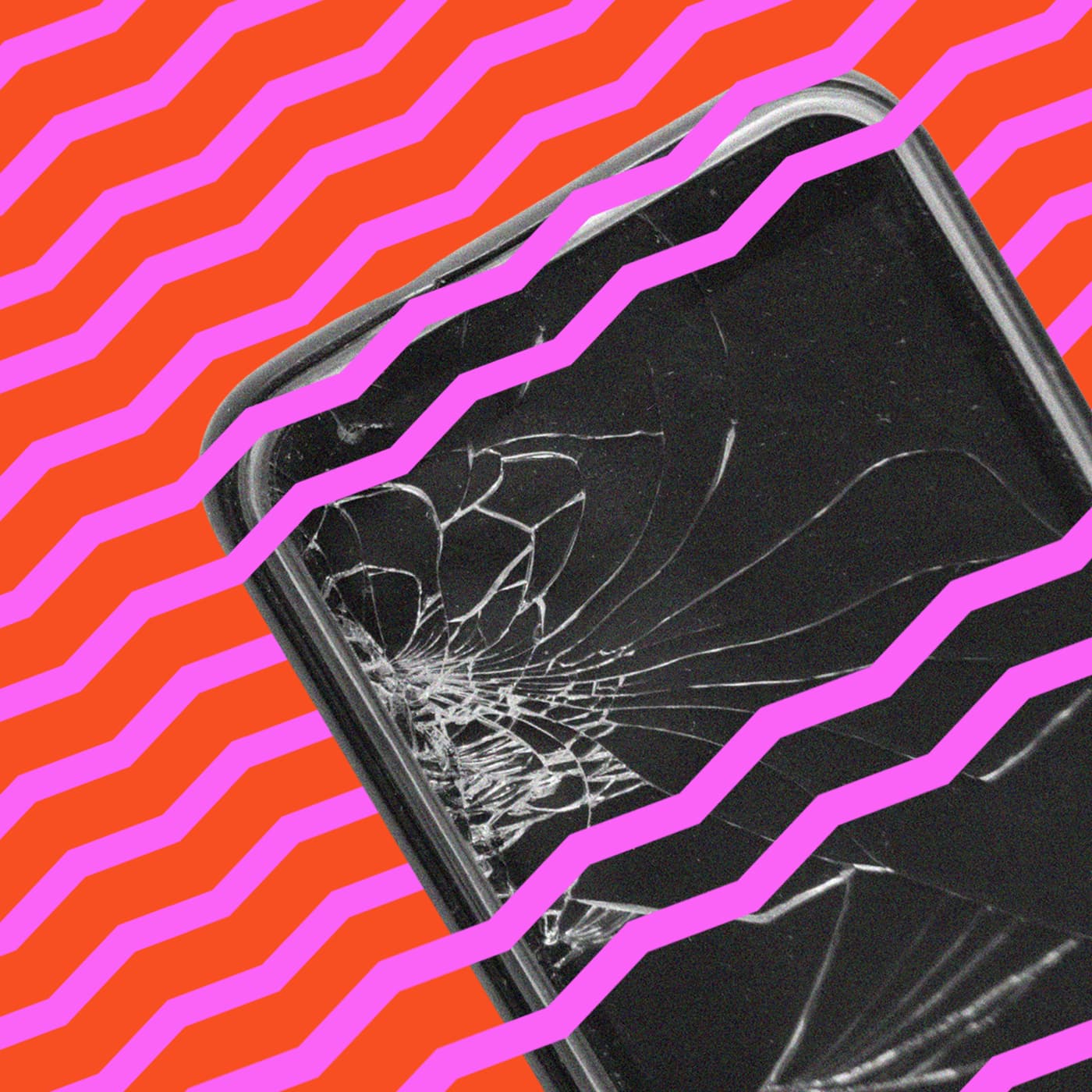 A smartphone with a cracked screen is positioned against a vibrant background featuring alternating red and pink zigzag patterns.