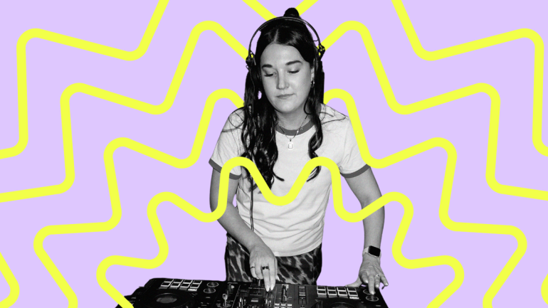 A person with headphones operates DJ equipment against a wavy, yellow patterned background on a light purple backdrop.