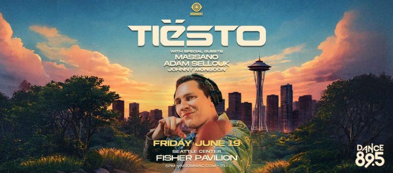 Concert poster featuring Tiësto with special guests Massano, Adam Sellouk, and Johnny Monsoon. The event is on Friday, June 19, at the Seattle Center Fisher Pavilion. The background shows a vibrant sunset over a cityscape with the Space Needle.